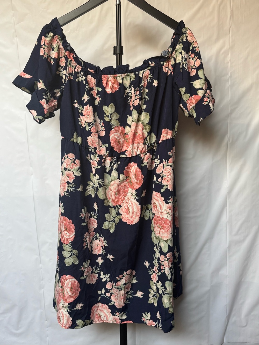 Navy Floral Off-Shoulder Women’s Dress - Pink Rose Print